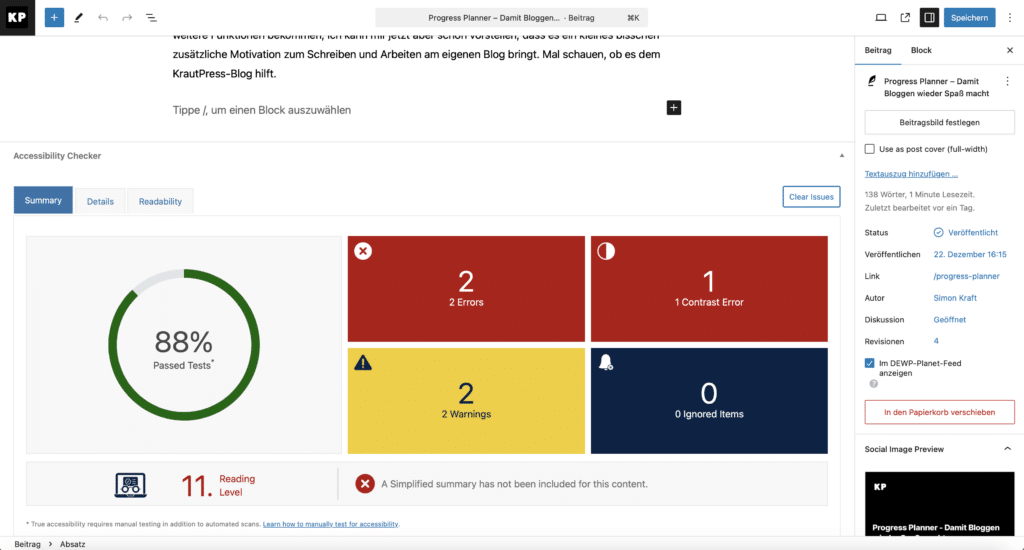 Screenshot der Accessibility Checker Box unterhalb des Editors. Neben einer Prozentangabe sind vier Felder für Fehler, Warnungen, Kontrastprobleme und ignoriere Einträge zu sehen.