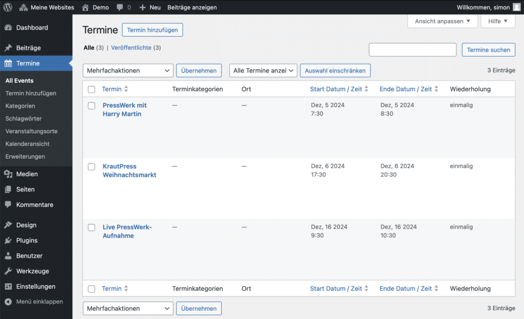 Screenshot eines WordPress Admin-Bereichs. Die dargestellte Seite enthält eine Tabelle mit allen Terminen, die angelegt wurden. Sie werden als Tabelle mit Titel, Kategorien, Ort, Start- und Endzeit und Wiederholung angezeigt.