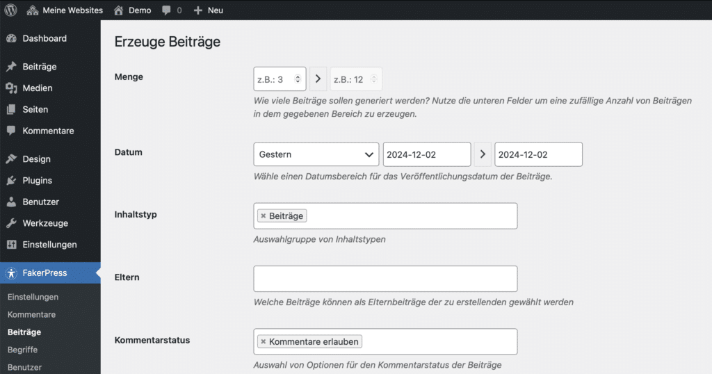 Screenshot einer WordPress-Einstellungsseite. Im Admin-Menü auf der Linken Seite ist FakerPress ausgewählt. Im Inhaltsbereich werden verschiedene Einstellungen zum Generieren von Inhalten angezeigt.