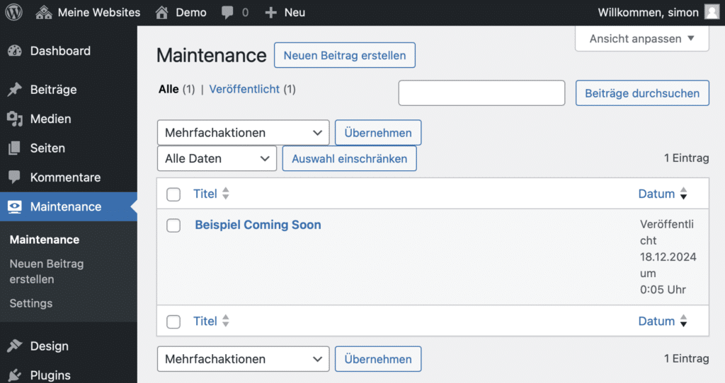 Screenshot der Maintenance Übersicht. In einer Tabelle können alle angelegten Maintenance-Seiten angesehen werden.