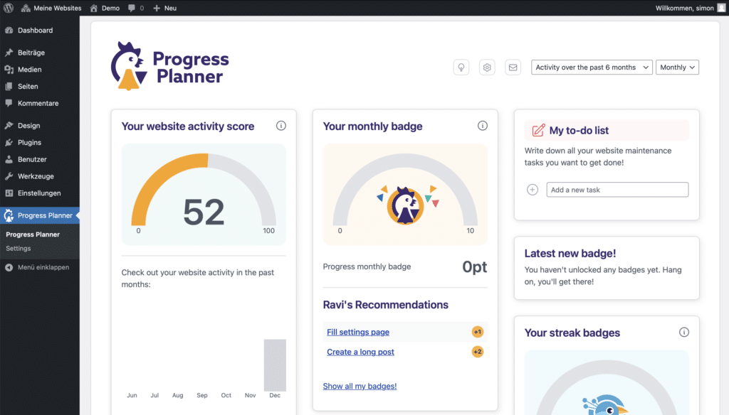 Screenshot des Progress Planner Interfaces. Auf einem kleinen Dashboard ist ein Aktivitiäts-Score zu sehen, verschiedene Diagramme zeigen die Aktivität über die letzten Monate.