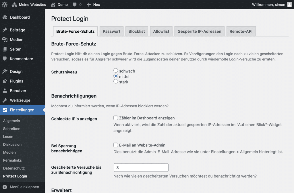 Screenshot der Protect Login Einstellungsseite. Neben einem Schutzniveau (niedrig, mittel, hoch) finden sich hier Benachrichtigungseinstellungen.