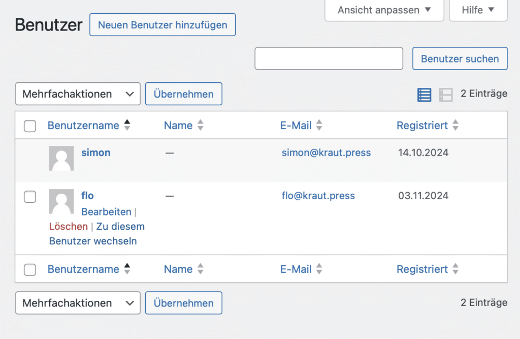 Screenshot von der Benutzer-Tabelle in WordPress. Einer der Einträge zeigt die Aktionen, die auch bei Mauskontakt angezeigt würden. Dabei ein zusätzliches "Zu diesem Benutzer wechseln".