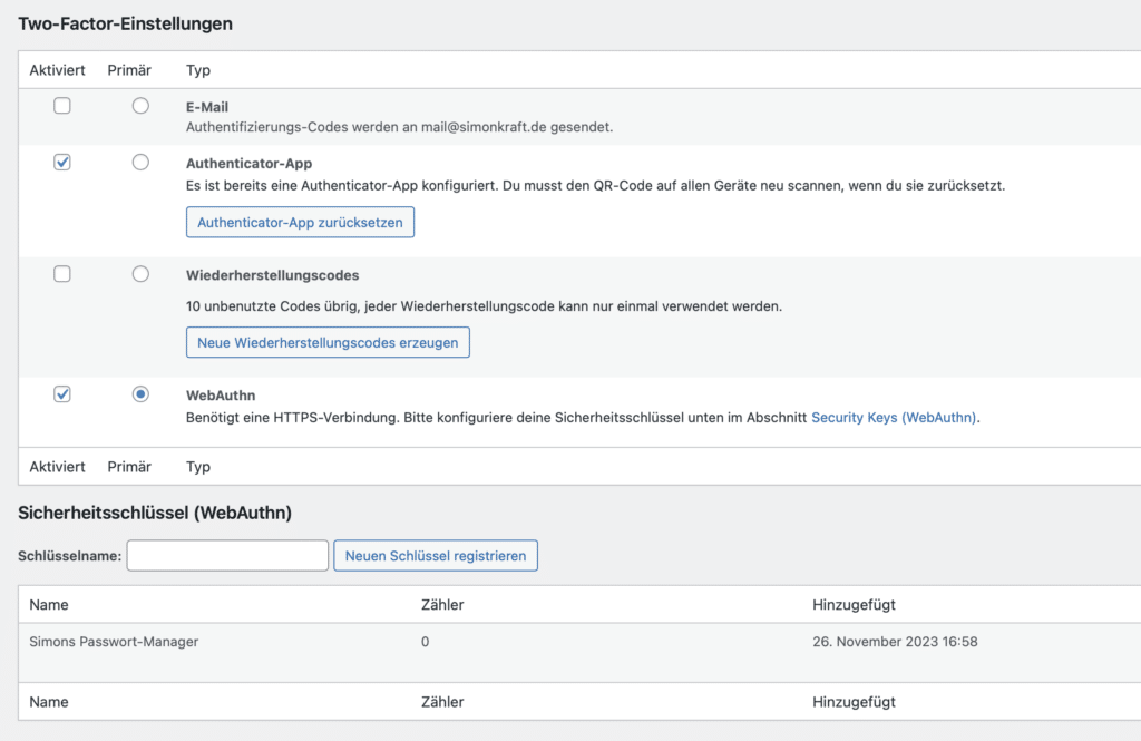 cCreenshot der Einstellungsseite zur Profilverwaltung in WordPress. In einer Tabelle von Two-Factor-Methoden steht "Webauthn" ganz unten zur Verfügung.