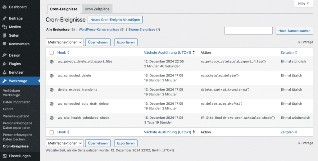 Screenshot der WP Crontrol Seite in WP-Admin. In einer Tabelle werden alle anstehen Cron-Ereignisse aufgelistet.